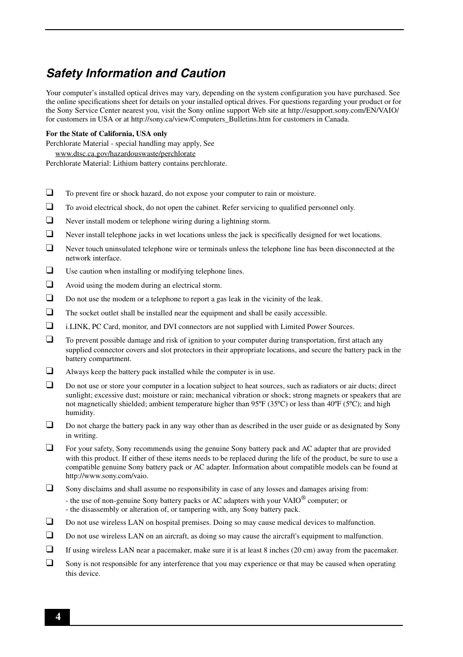 Safety information and caution | Sony VGN-SZ740EC User Manual | Page 4 / 28