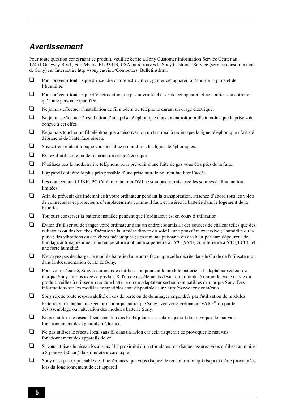 Avertissement | Sony VGN-SZ740EC User Manual | Page 6 / 28