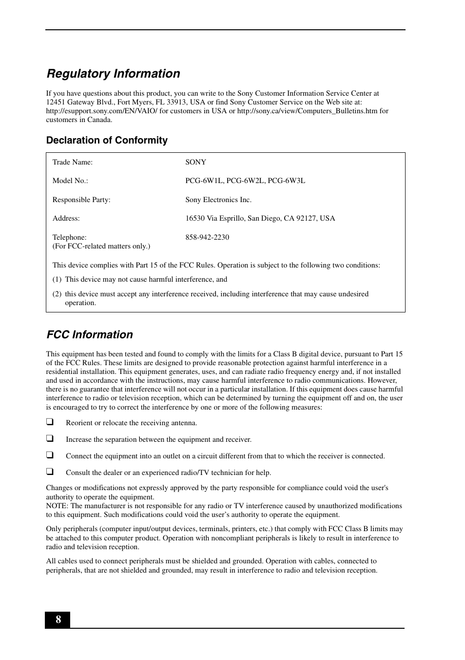 Regulatory information, Fcc information, Declaration of conformity | Sony VGN-SZ740EC User Manual | Page 8 / 28