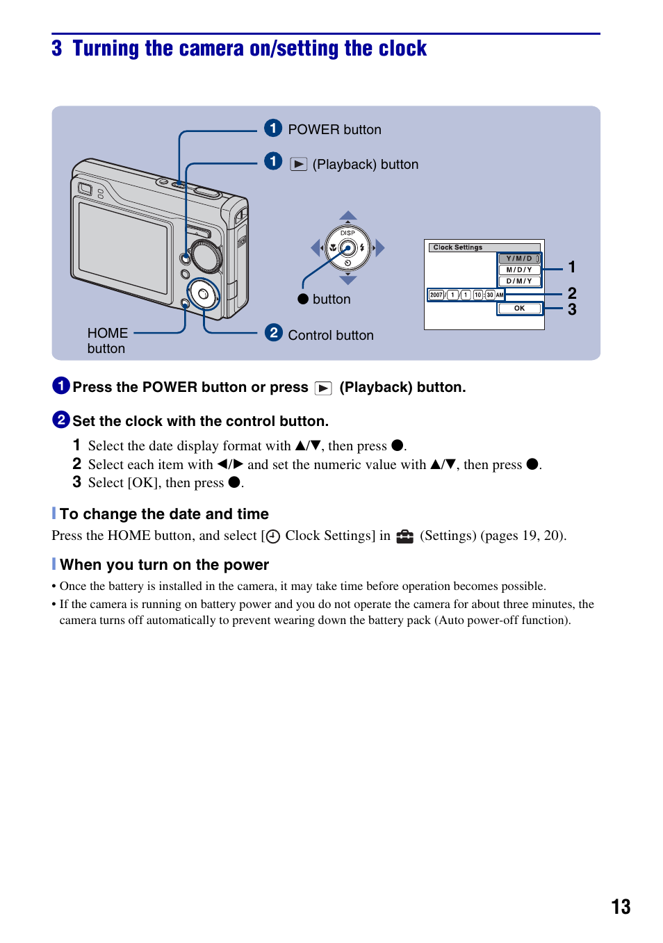 3 turning the camera on/setting the clock | Sony DSC-W200 User Manual | Page 13 / 36