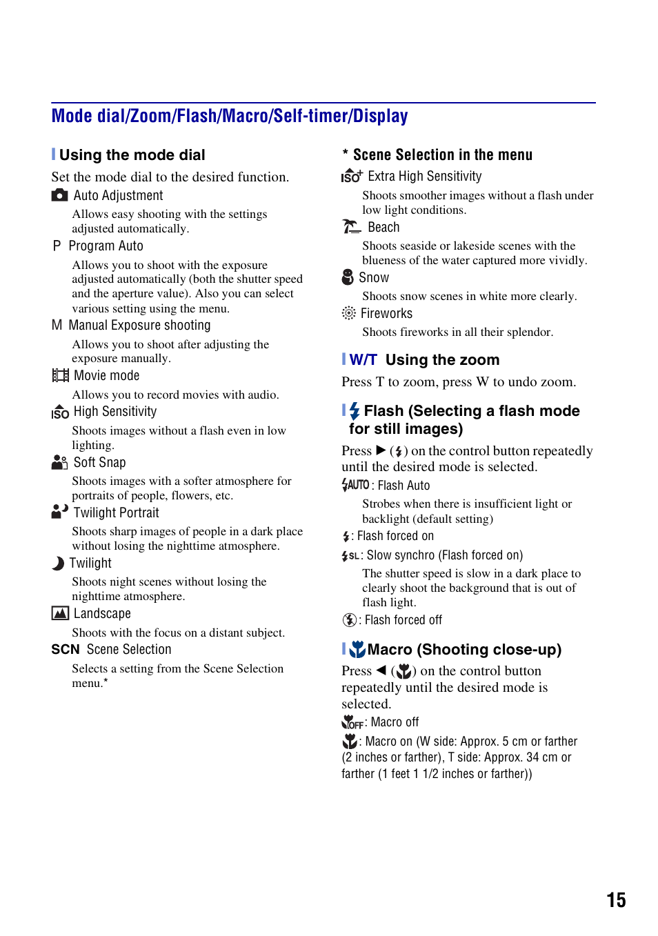 Mode dial/zoom/flash/macro/self-timer/display | Sony DSC-W200 User Manual | Page 15 / 36