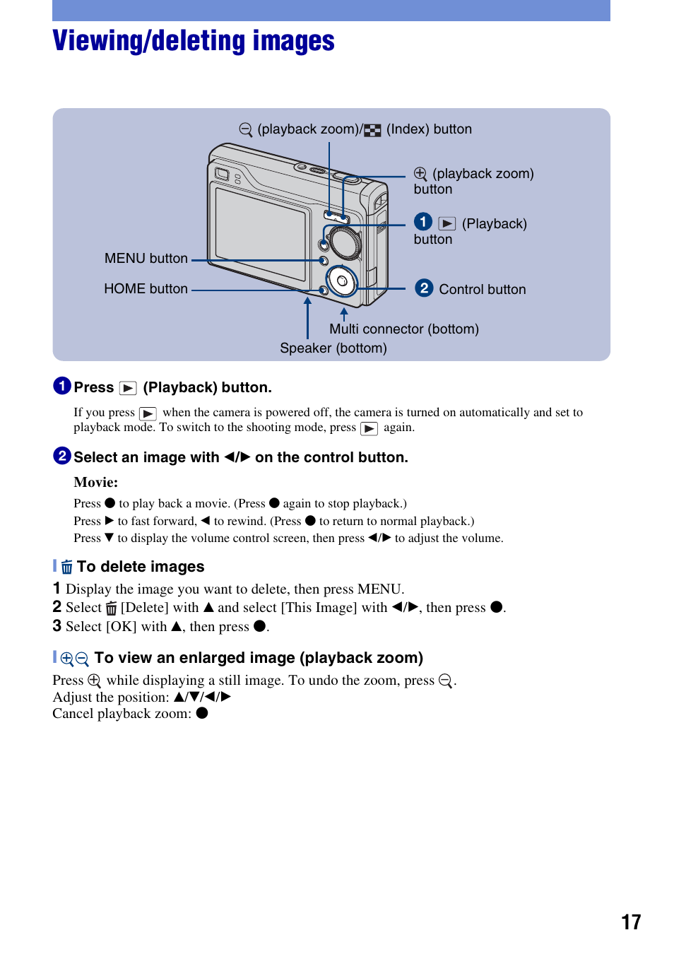 Viewing/deleting images | Sony DSC-W200 User Manual | Page 17 / 36