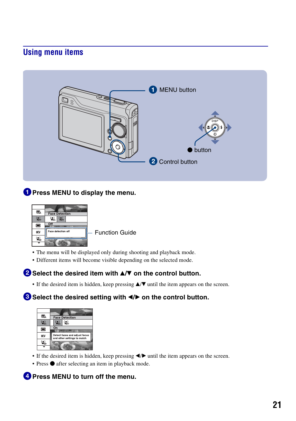 Using menu items, Using menu items 1 | Sony DSC-W200 User Manual | Page 21 / 36