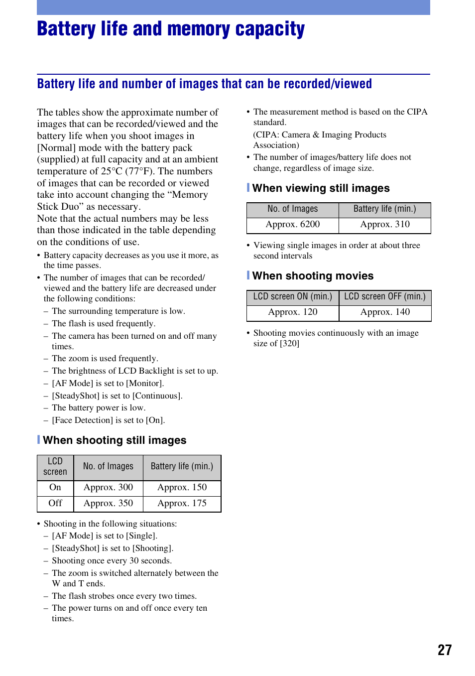 Battery life and memory capacity | Sony DSC-W200 User Manual | Page 27 / 36