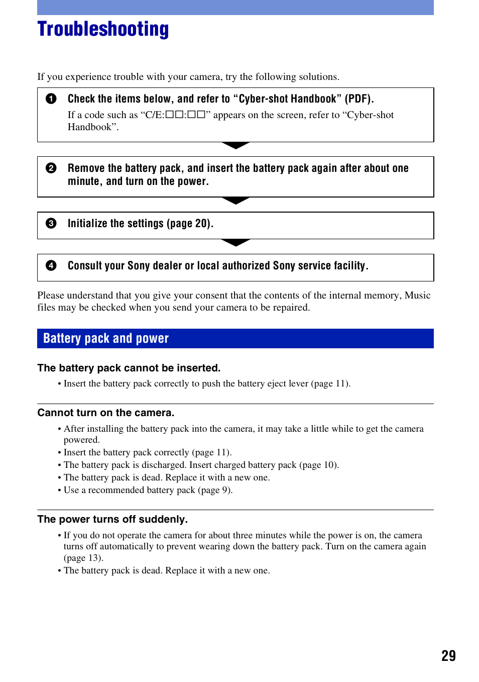 Troubleshooting, Battery pack and power | Sony DSC-W200 User Manual | Page 29 / 36