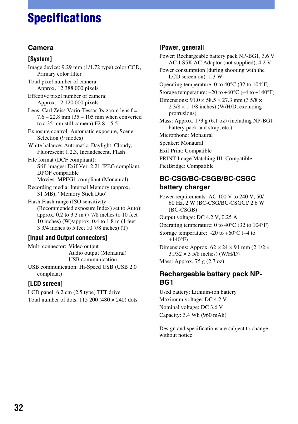 Specifications | Sony DSC-W200 User Manual | Page 32 / 36