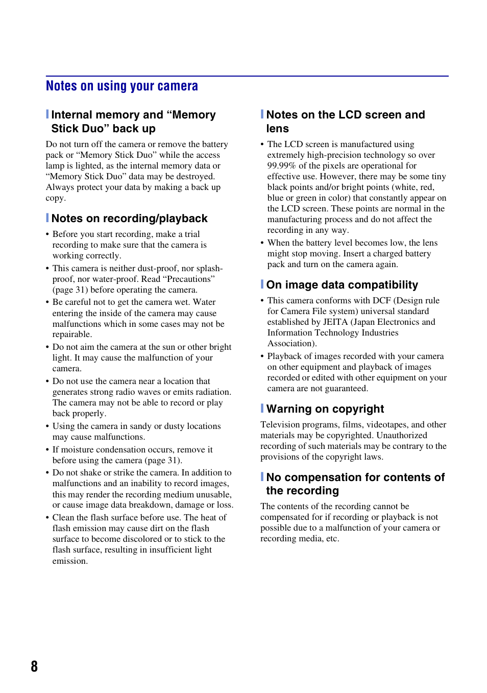 Notes on using your camera | Sony DSC-W200 User Manual | Page 8 / 36