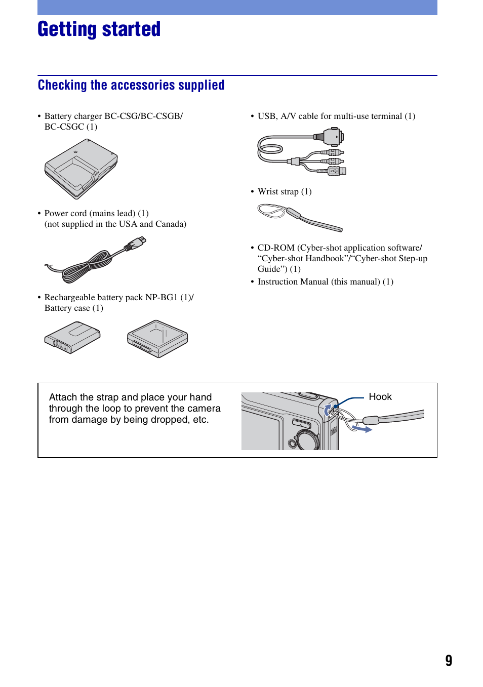 Getting started, Checking the accessories supplied | Sony DSC-W200 User Manual | Page 9 / 36