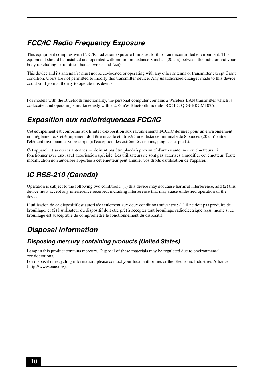Fcc/ic radio frequency exposure, Exposition aux radiofréquences fcc/ic, Ic rss-210 (canada) | Disposal information | Sony VGC-JS140N User Manual | Page 10 / 24