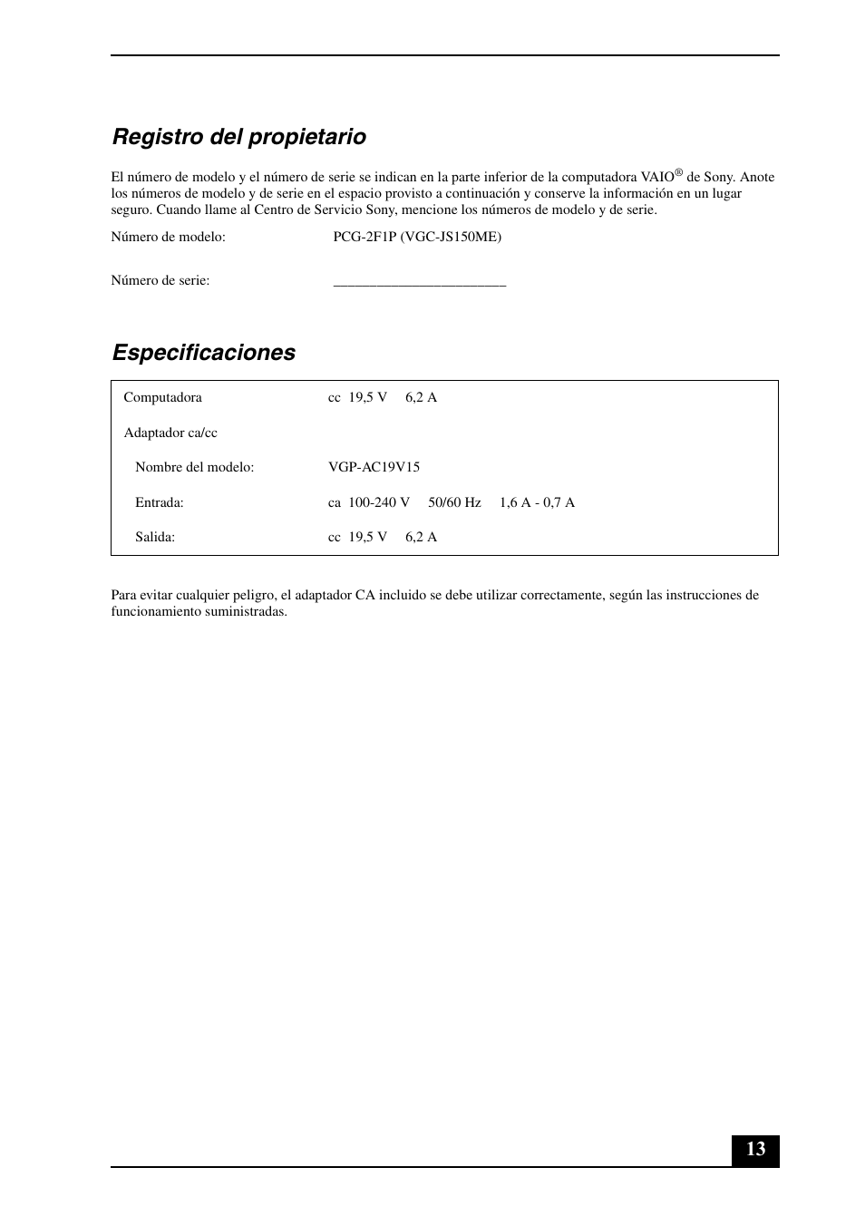 Registro del propietario, Especificaciones | Sony VGC-JS140N User Manual | Page 13 / 24