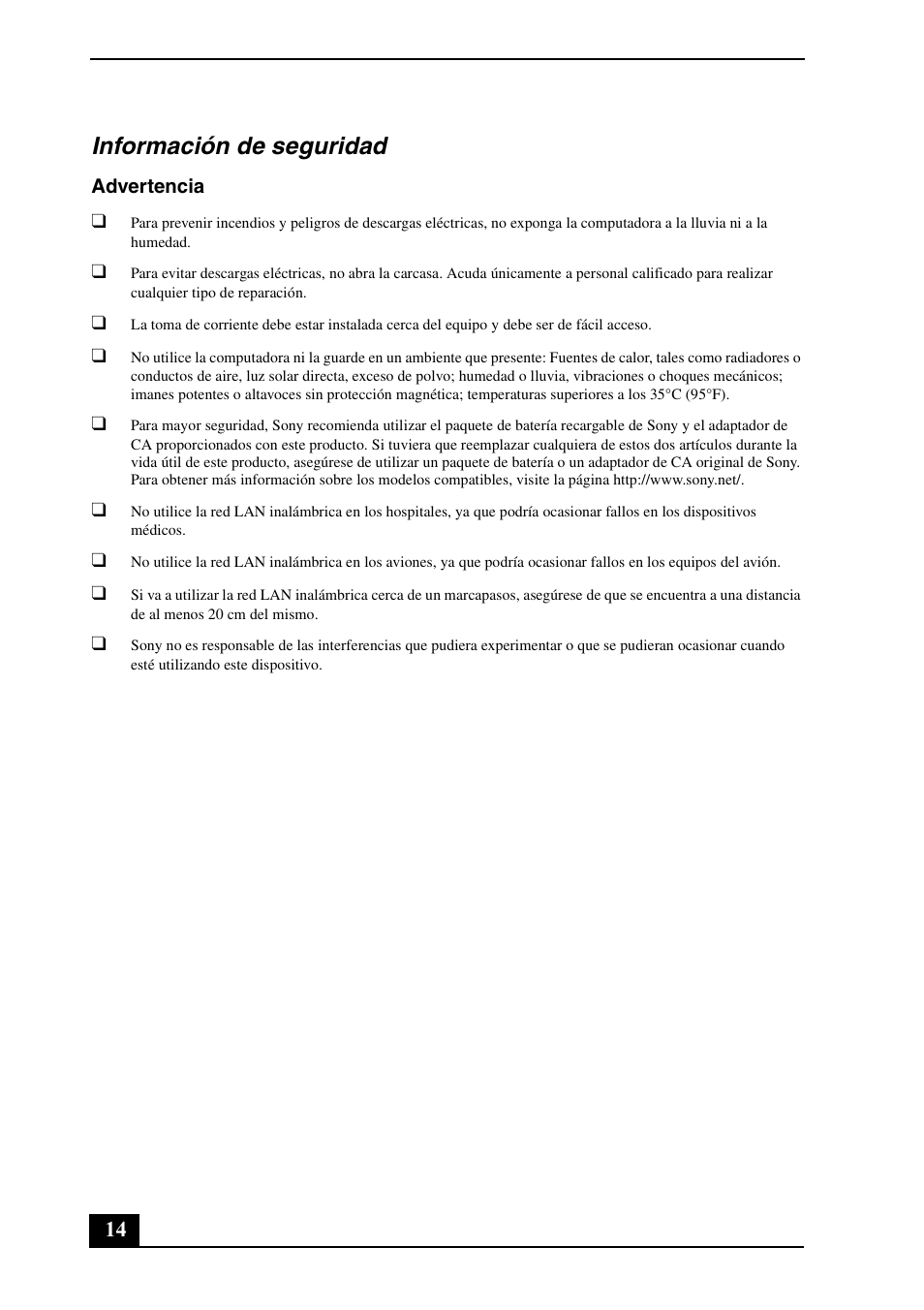 Información de seguridad | Sony VGC-JS140N User Manual | Page 14 / 24