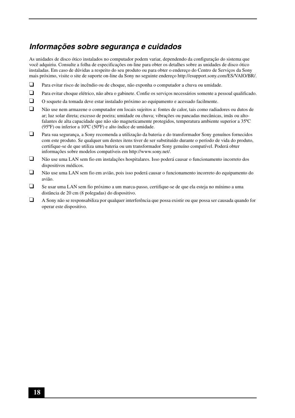 Informações sobre segurança e cuidados | Sony VGC-JS140N User Manual | Page 18 / 24