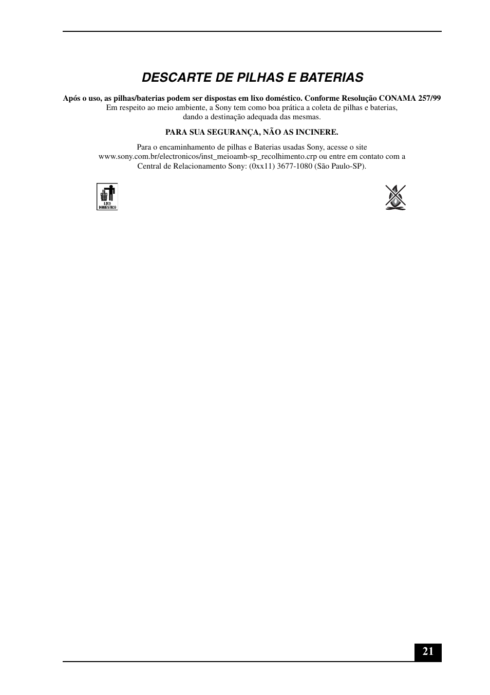 Descarte de pilhas e baterias | Sony VGC-JS140N User Manual | Page 21 / 24