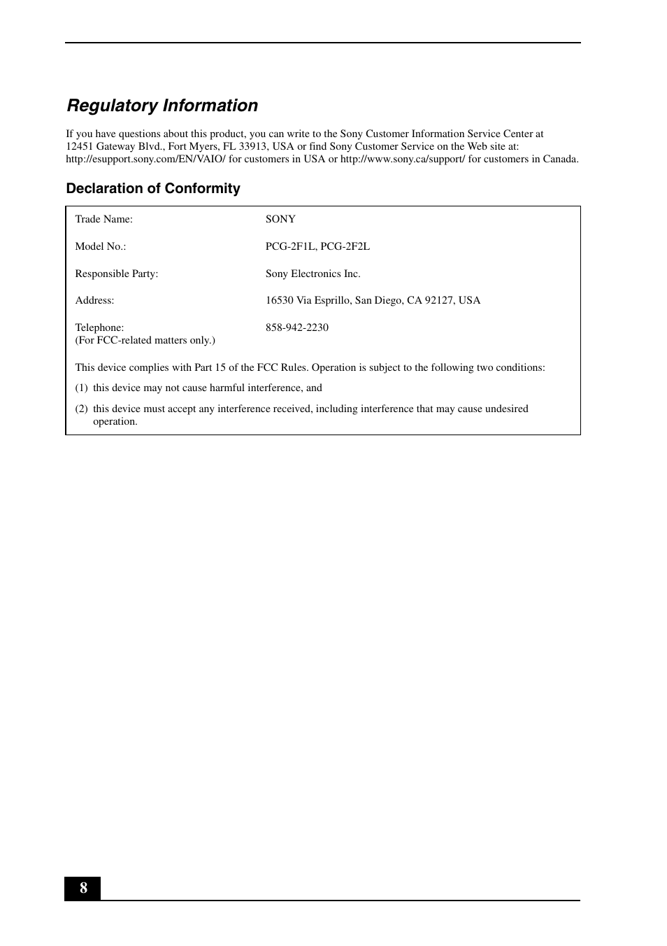 Regulatory information, Declaration of conformity | Sony VGC-JS140N User Manual | Page 8 / 24