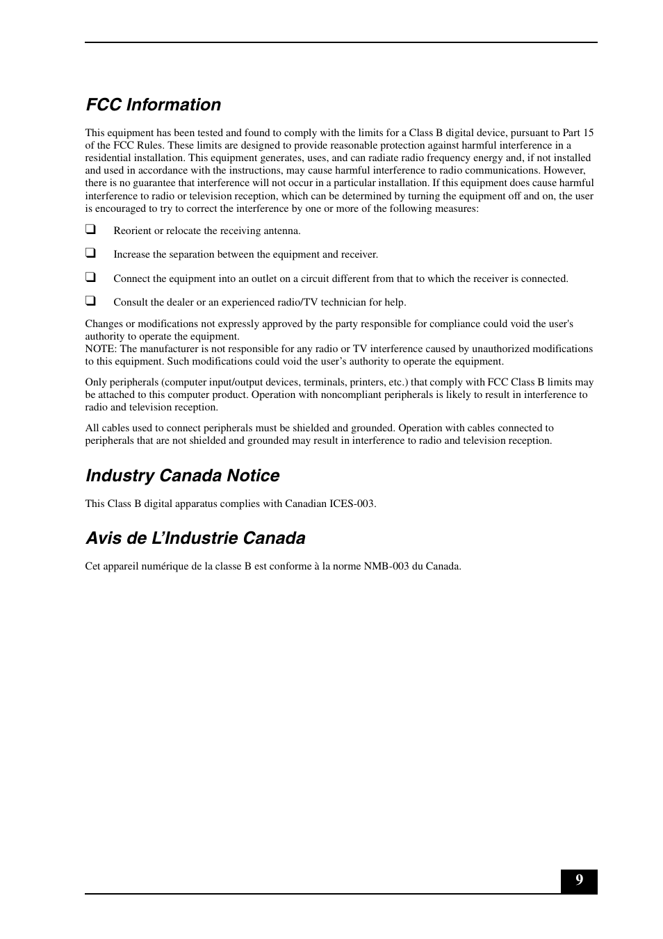 Fcc information, Industry canada notice, Avis de l’industrie canada | Sony VGC-JS140N User Manual | Page 9 / 24