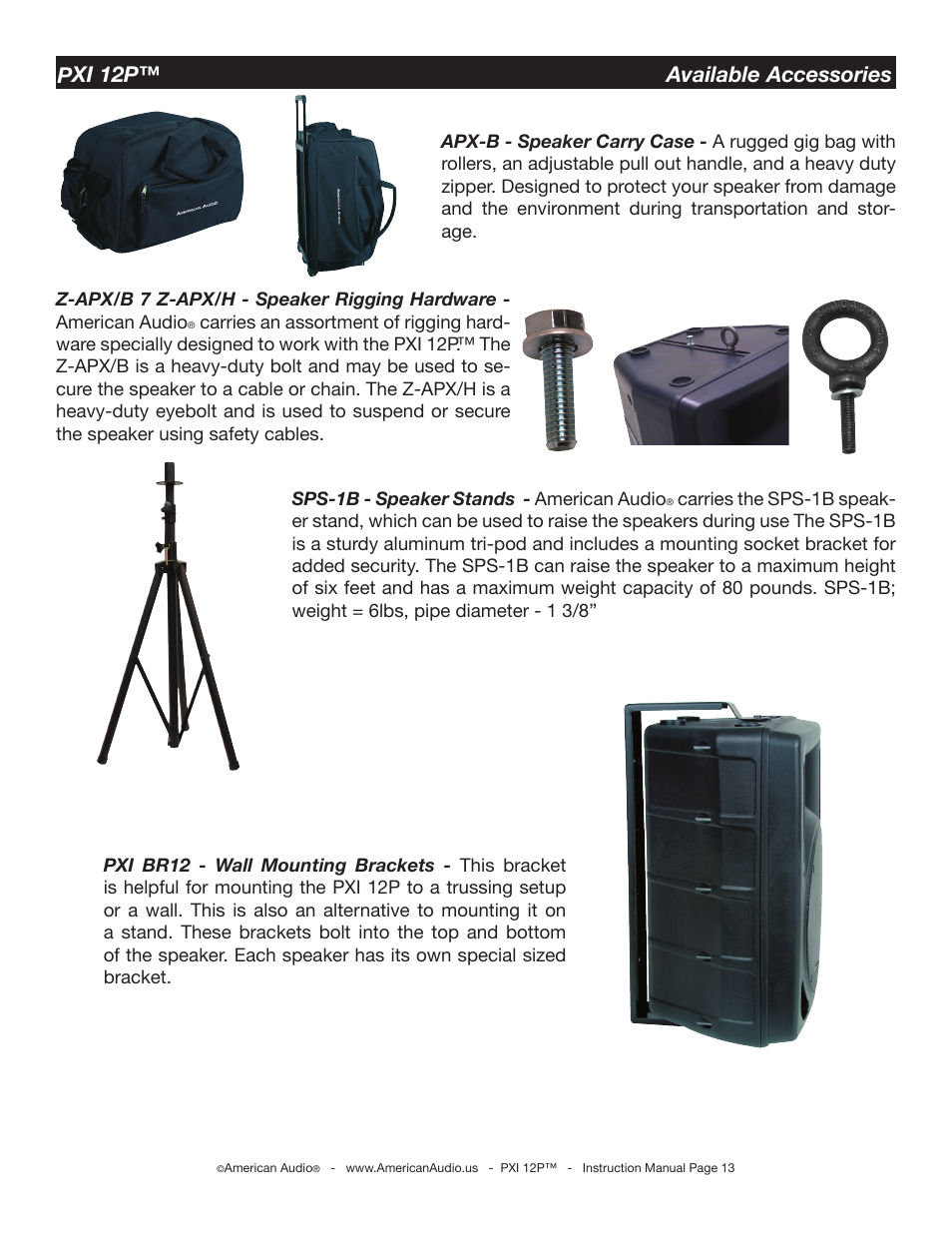 Pxi 12p™ available accessories | American Audio PXI 12P User Manual | Page 13 / 16