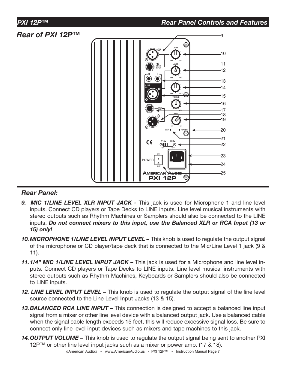 Rear of pxi 12p, Rear panel, Pxi 12p™ rear panel controls and features | American Audio PXI 12P User Manual | Page 7 / 16