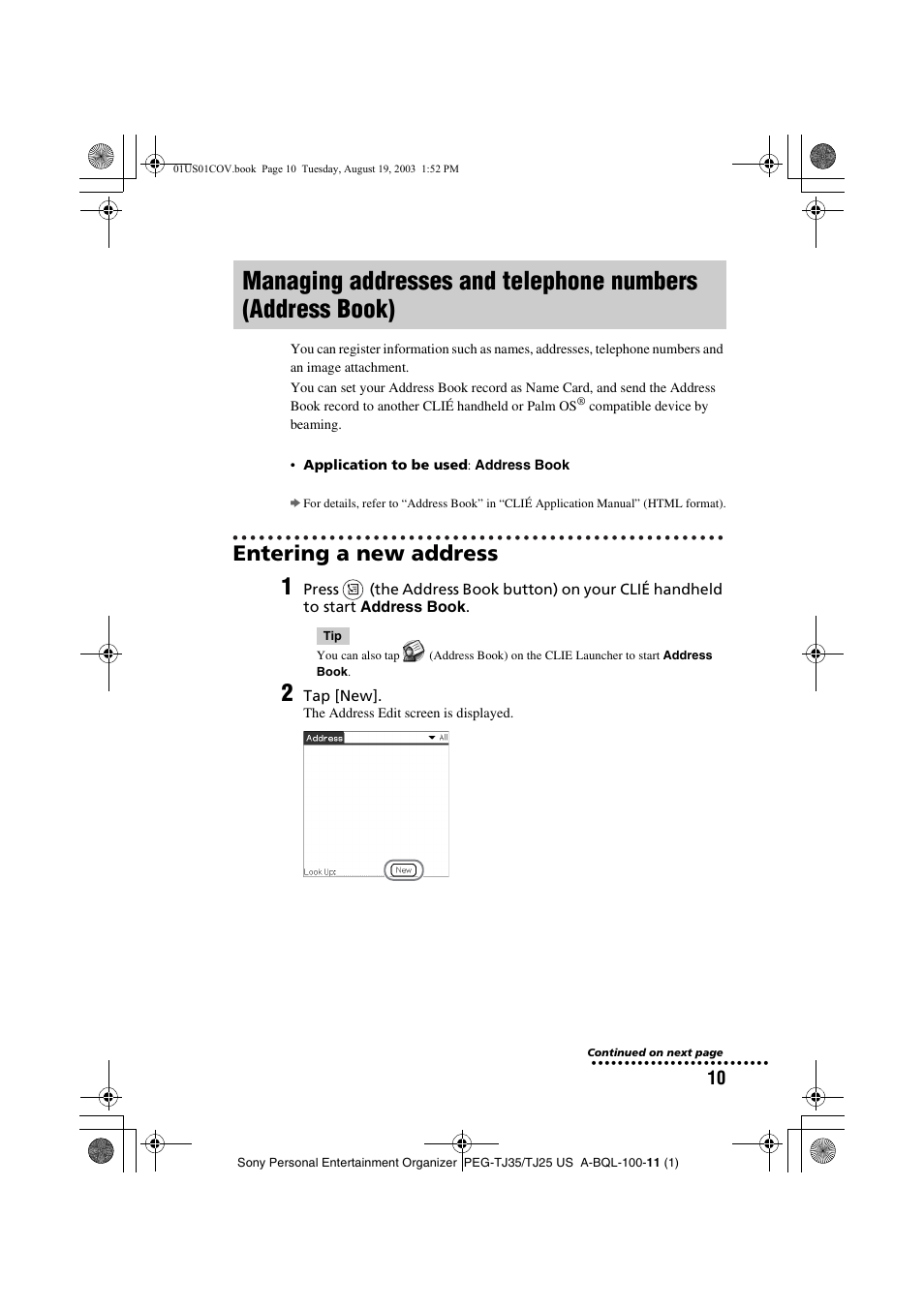 Entering a new address, Managing addresses and, Telephone numbers (address book) | Sony PEG-TJ35 User Manual | Page 10 / 22