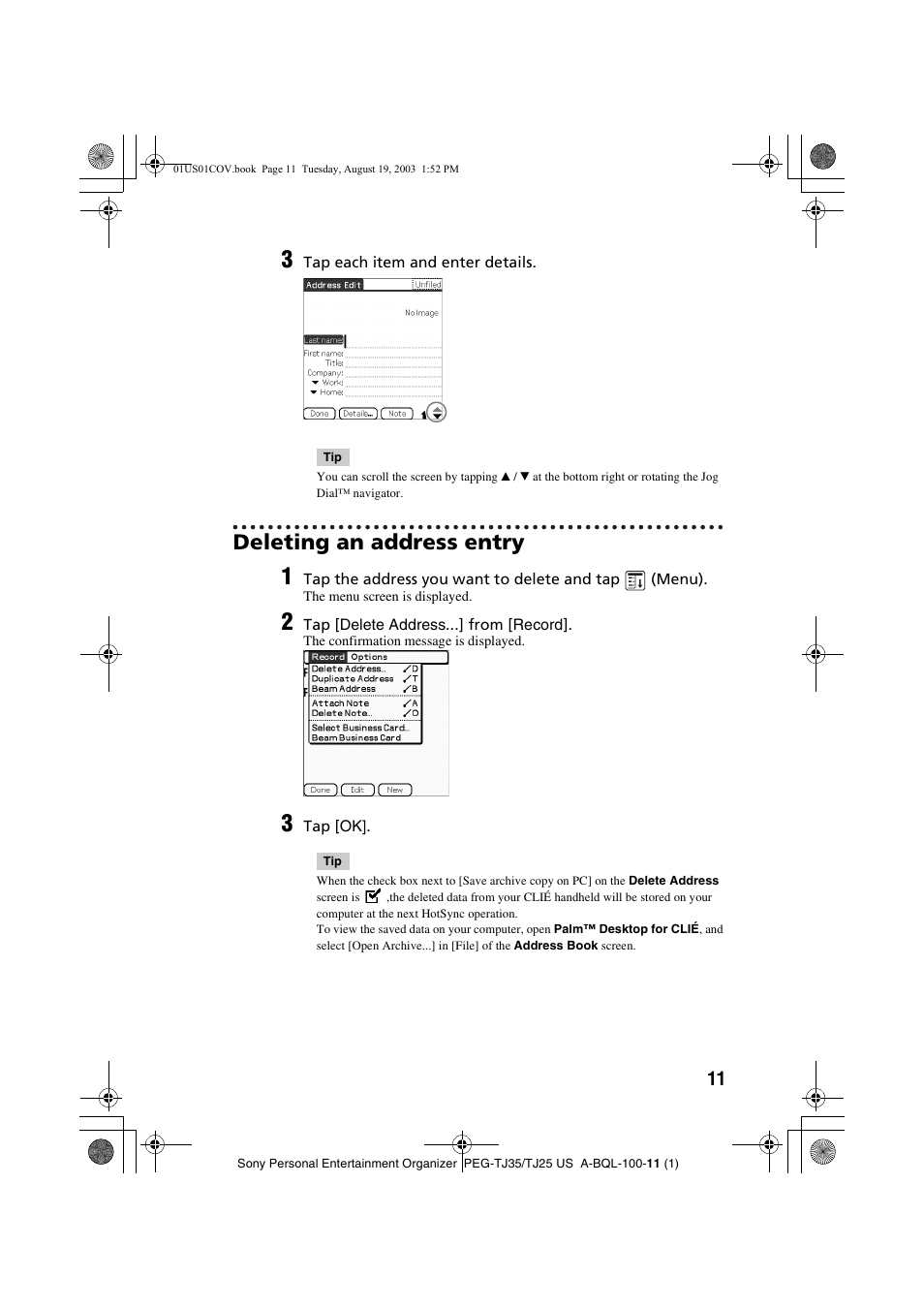 Deleting an address entry | Sony PEG-TJ35 User Manual | Page 11 / 22