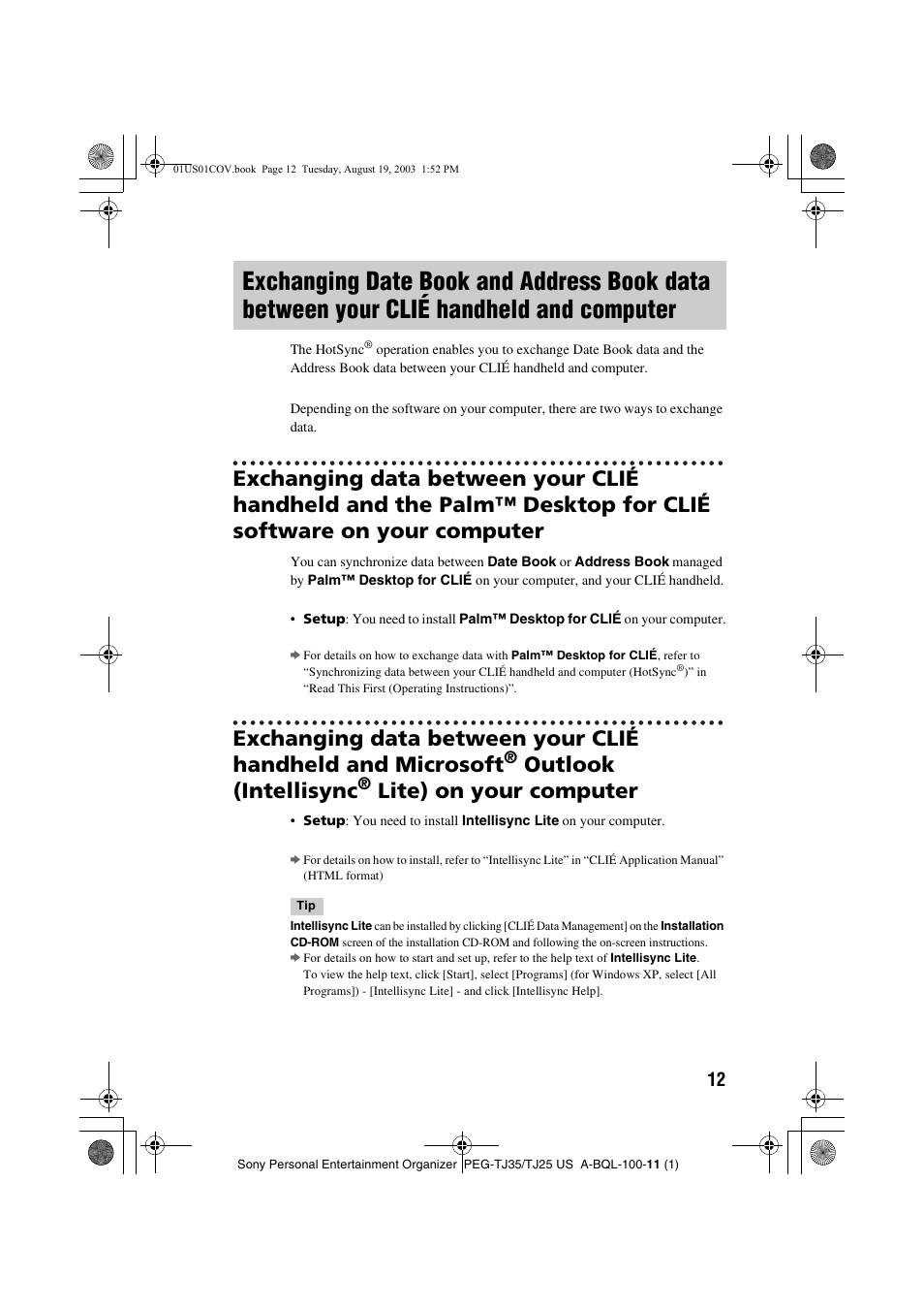 Exchanging date book and, Outlook, Intellisync | Lite) on your computer, Outlook (intellisync | Sony PEG-TJ35 User Manual | Page 12 / 22