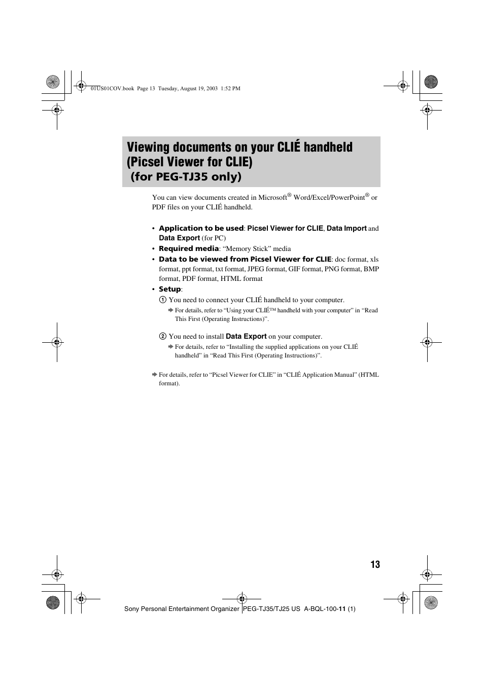 Viewing documents on, For peg-tj35 only) | Sony PEG-TJ35 User Manual | Page 13 / 22