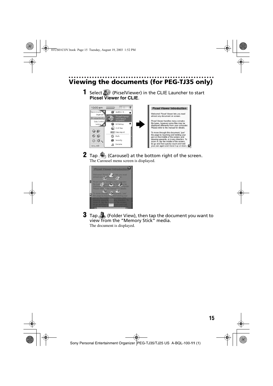 Viewing the documents (for peg-tj35 only) | Sony PEG-TJ35 User Manual | Page 15 / 22