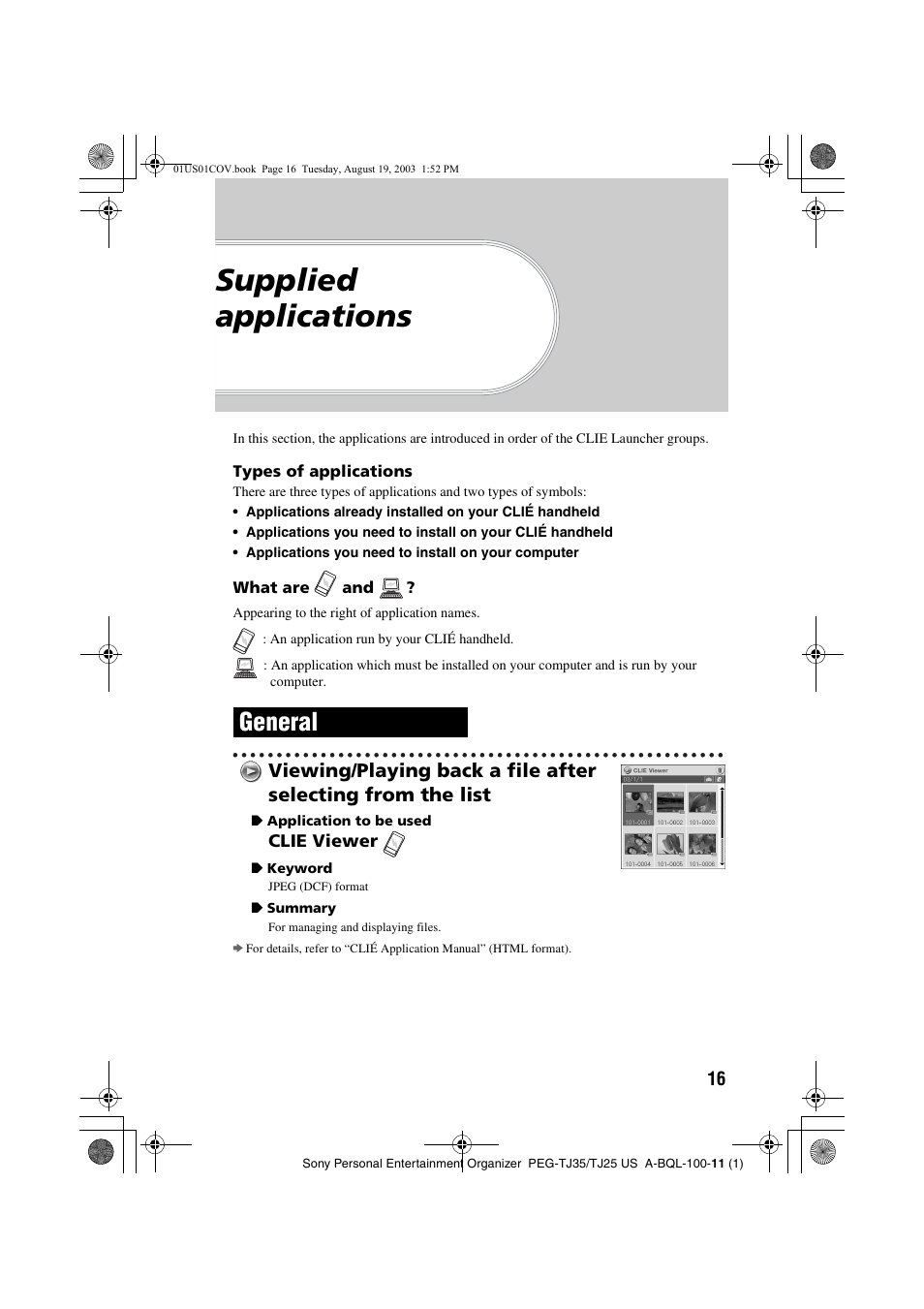 Supplied applications, General | Sony PEG-TJ35 User Manual | Page 16 / 22