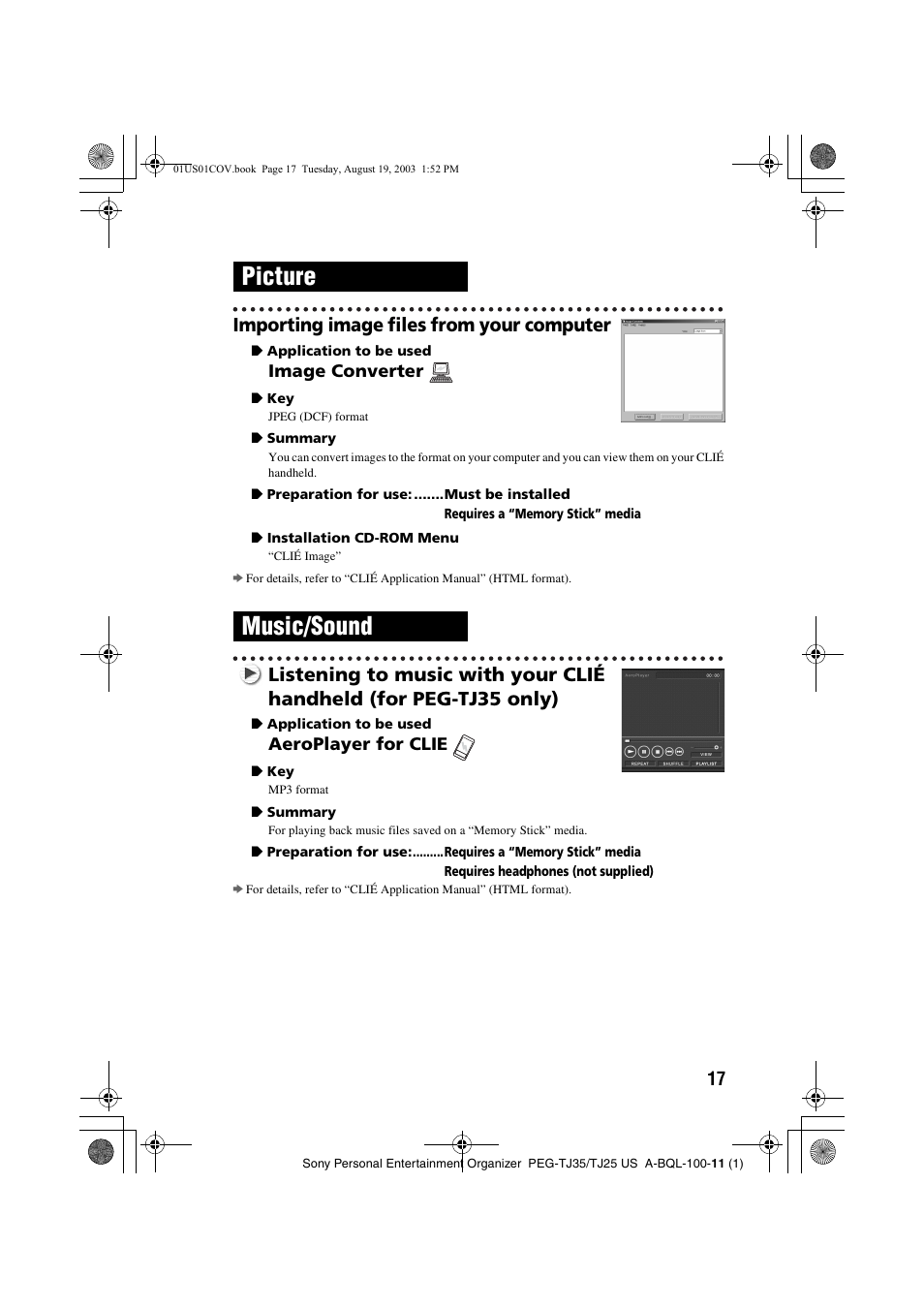 Importing image files from your computer, Picture, Music/sound | Sony PEG-TJ35 User Manual | Page 17 / 22