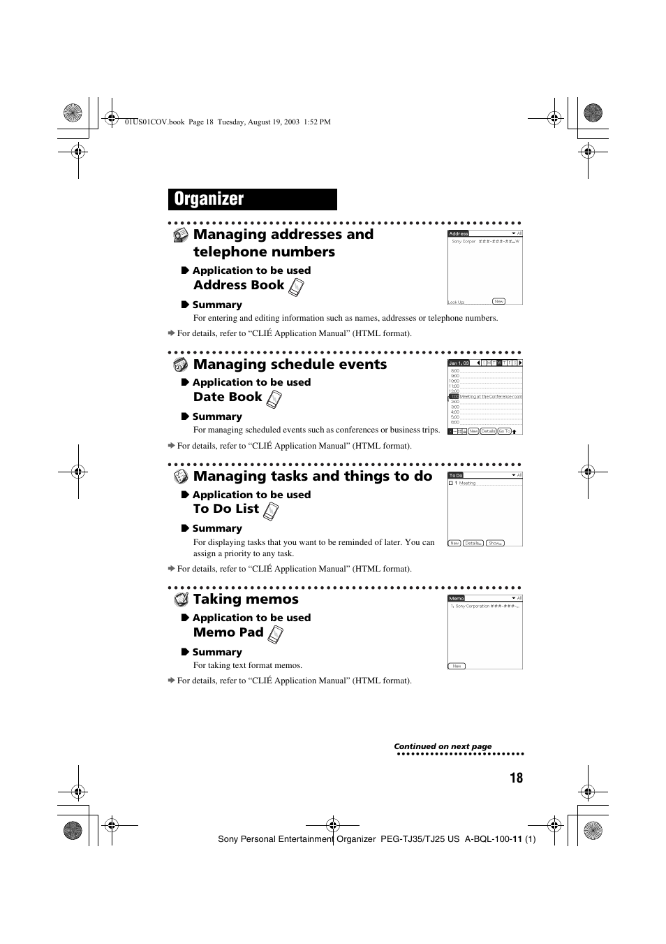 Managing addresses and telephone numbers, Managing schedule events, Managing tasks and things to do | Taking memos, Organizer | Sony PEG-TJ35 User Manual | Page 18 / 22