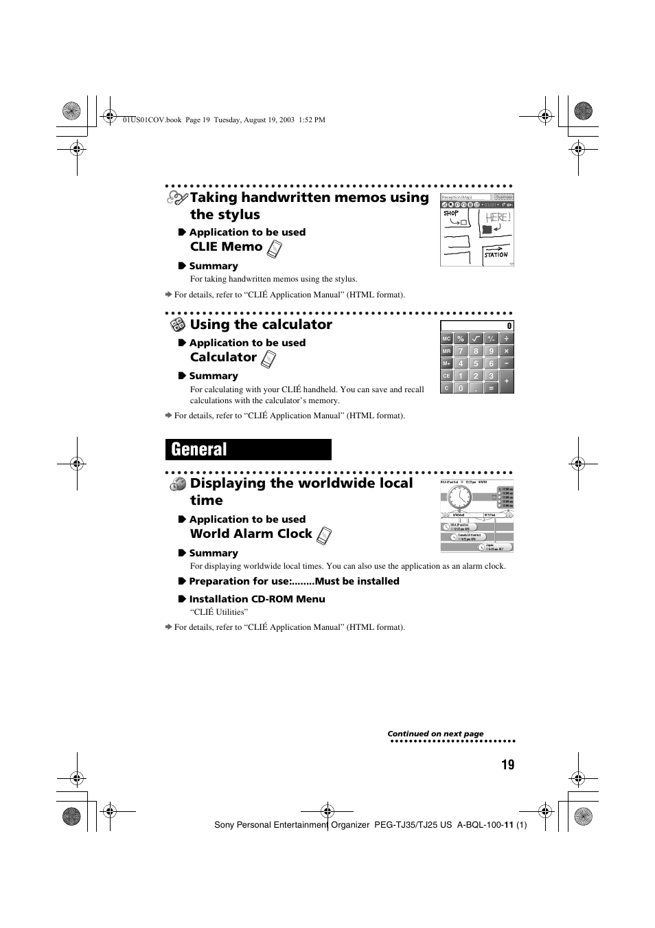 Taking handwritten memos using the stylus, Using the calculator, Displaying the worldwide local time | General | Sony PEG-TJ35 User Manual | Page 19 / 22