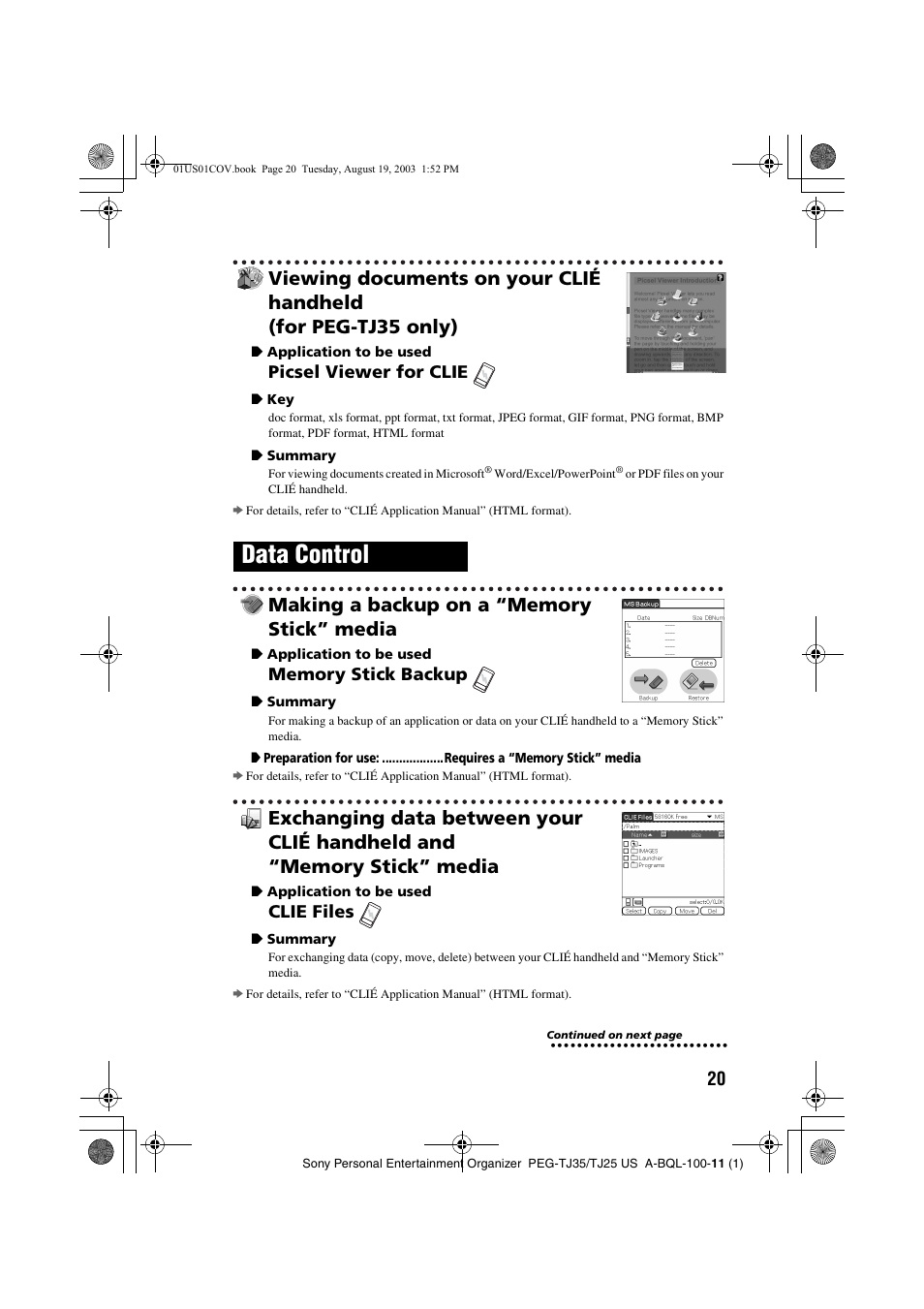 Making a backup on a “memory stick” media, Data control, Picsel viewer for clie | Clie files | Sony PEG-TJ35 User Manual | Page 20 / 22