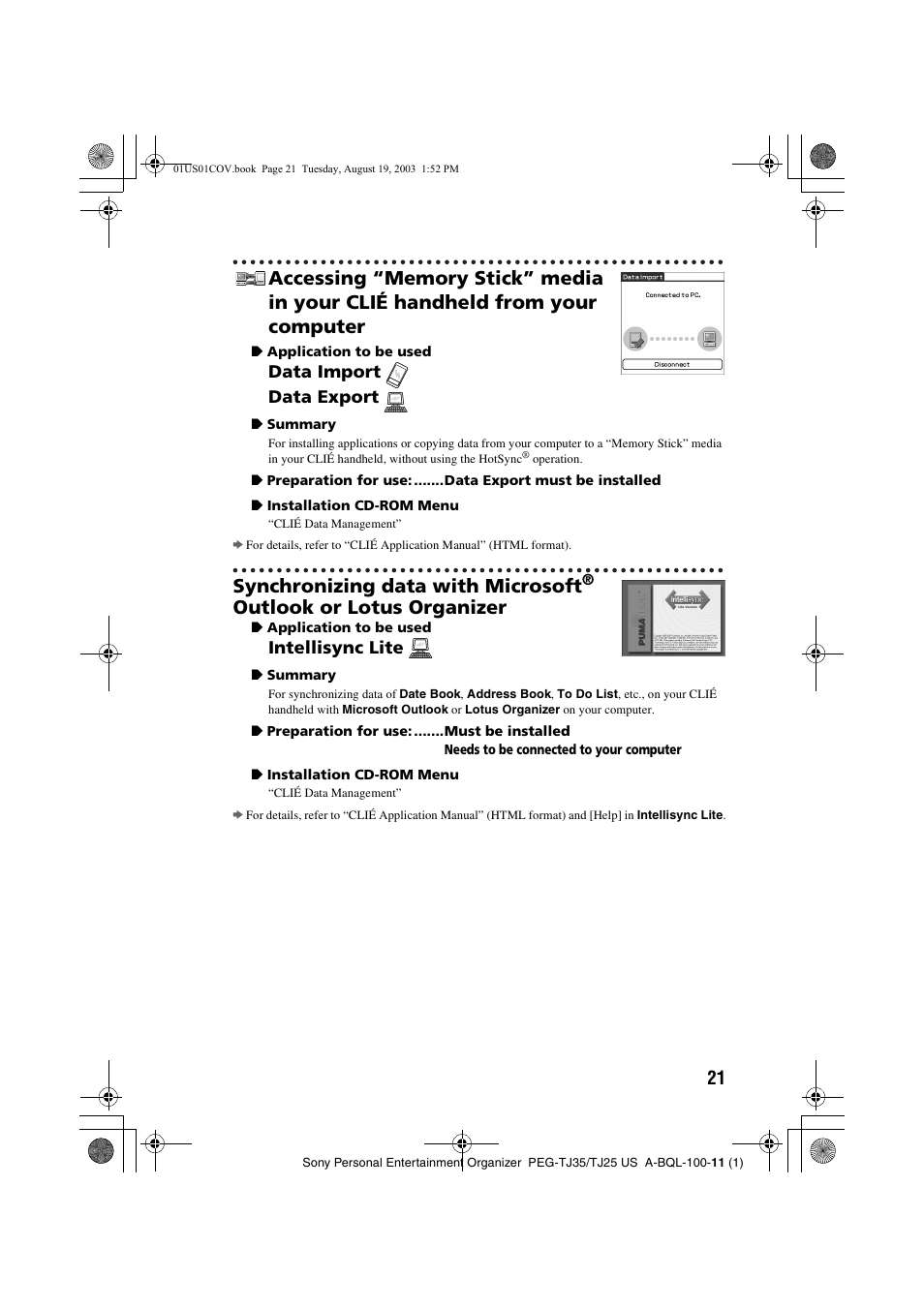 Outlook, Or lotus organizer, Synchronizing data with microsoft | Outlook or lotus organizer | Sony PEG-TJ35 User Manual | Page 21 / 22