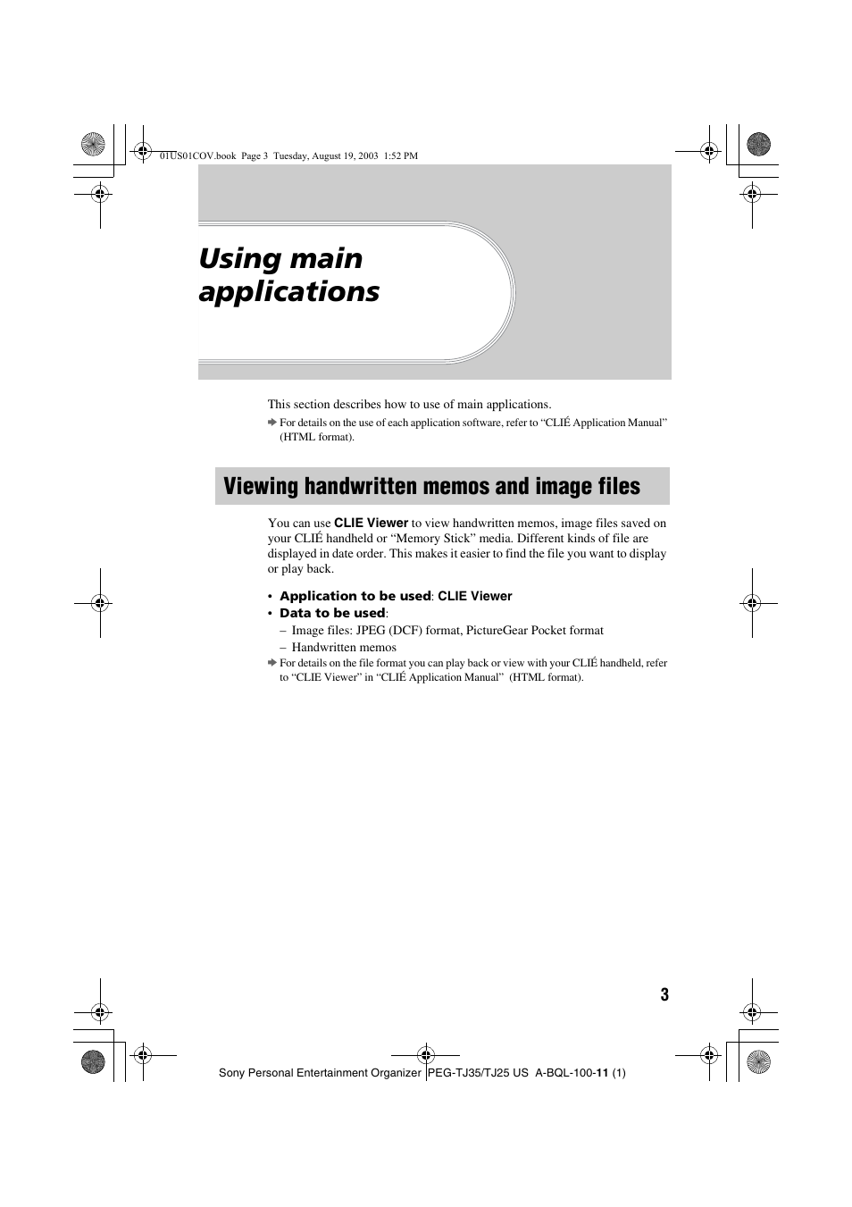 Using main applications, Viewing handwritten memos and image files, Viewing handwritten memos and | Image files | Sony PEG-TJ35 User Manual | Page 3 / 22