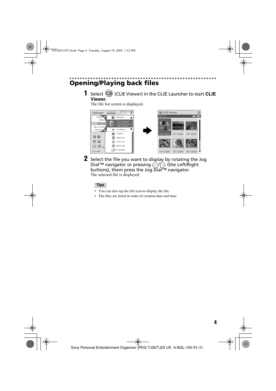 Opening/playing back files | Sony PEG-TJ35 User Manual | Page 4 / 22