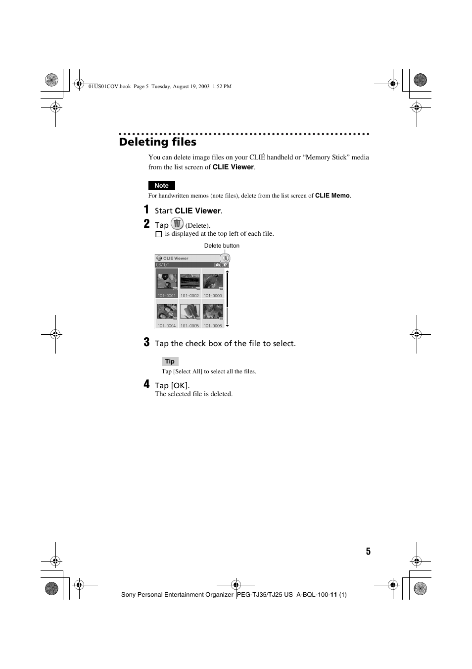 Deleting files | Sony PEG-TJ35 User Manual | Page 5 / 22