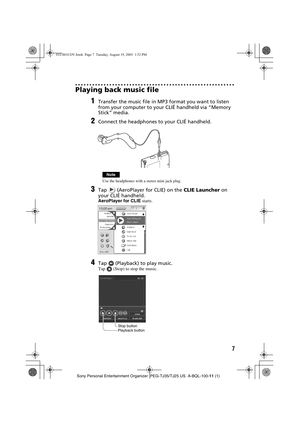 Playing back music file | Sony PEG-TJ35 User Manual | Page 7 / 22