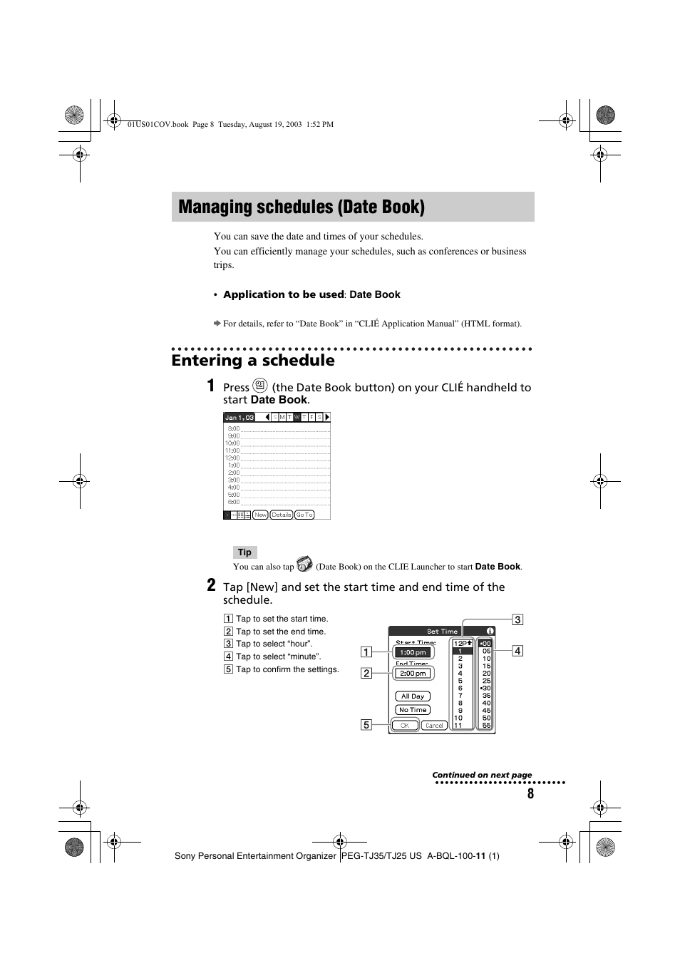 Managing schedules (date book), Entering a schedule, Managing schedules | Date book) | Sony PEG-TJ35 User Manual | Page 8 / 22