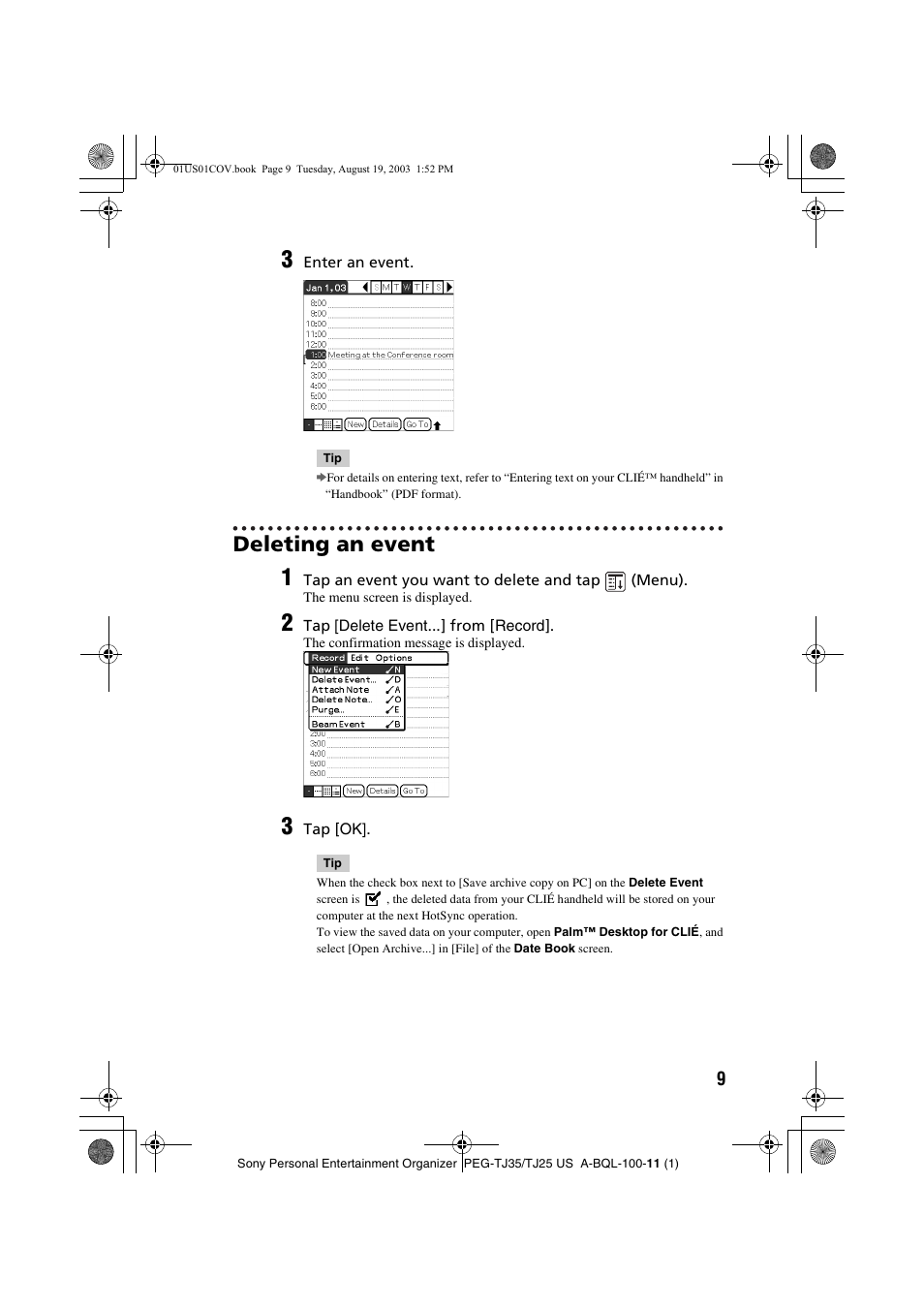 Deleting an event | Sony PEG-TJ35 User Manual | Page 9 / 22