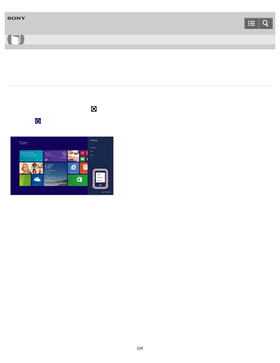 Entering sleep mode, shutting down, or restarting, User guide | Sony SVT21223CYB User Manual | Page 224 / 475