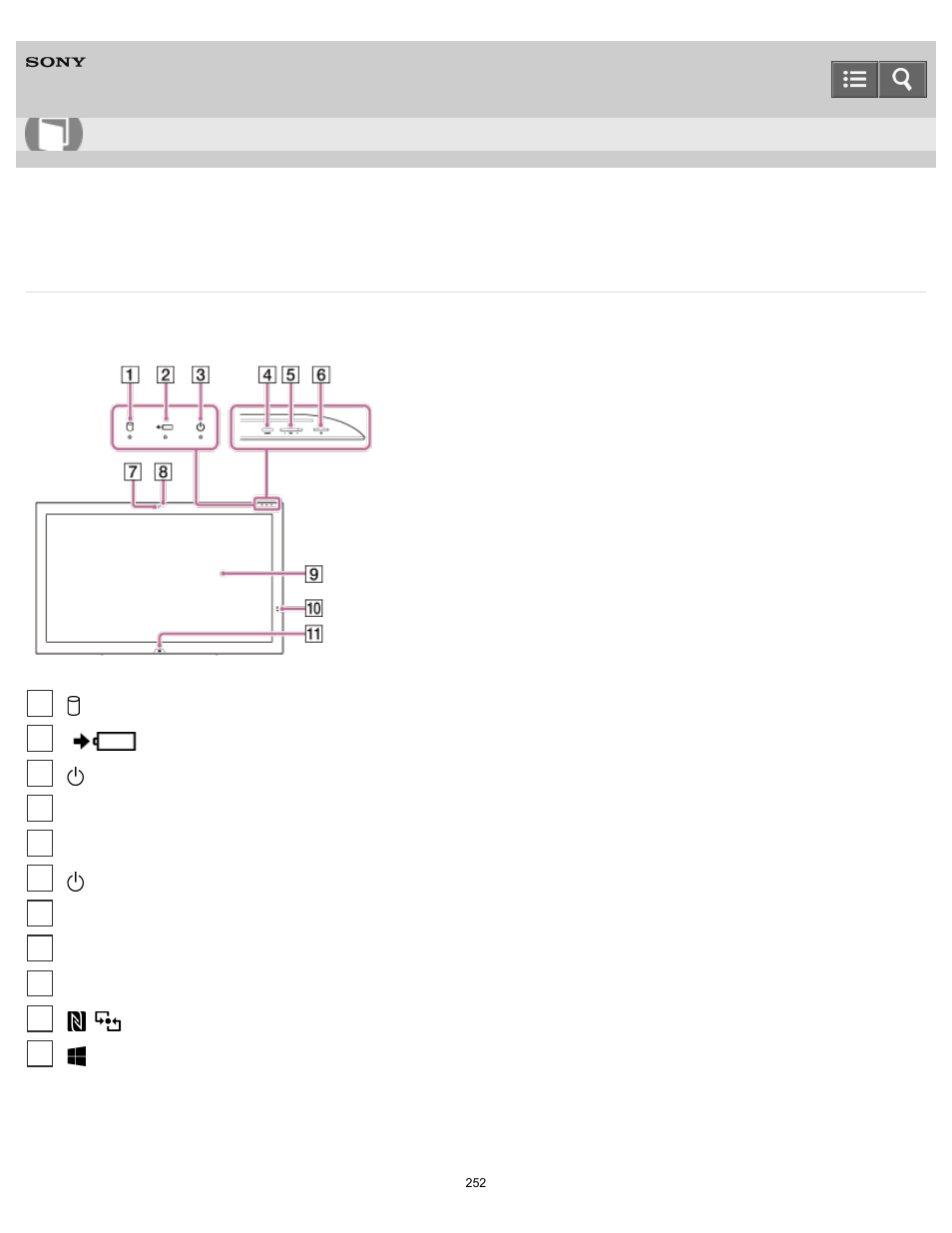 Parts and controls on the front, User guide | Sony SVT21223CYB User Manual | Page 252 / 475