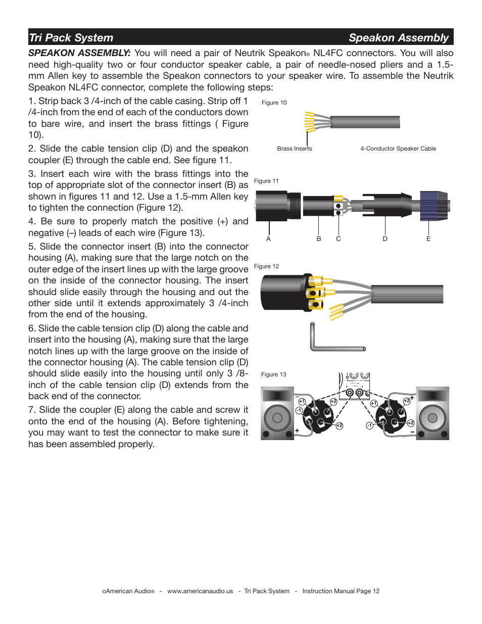 Tri pack system speakon assembly, Speakon 1+ hot 1 cold, De b a c | American Audio Tri Pack System User Manual | Page 12 / 15