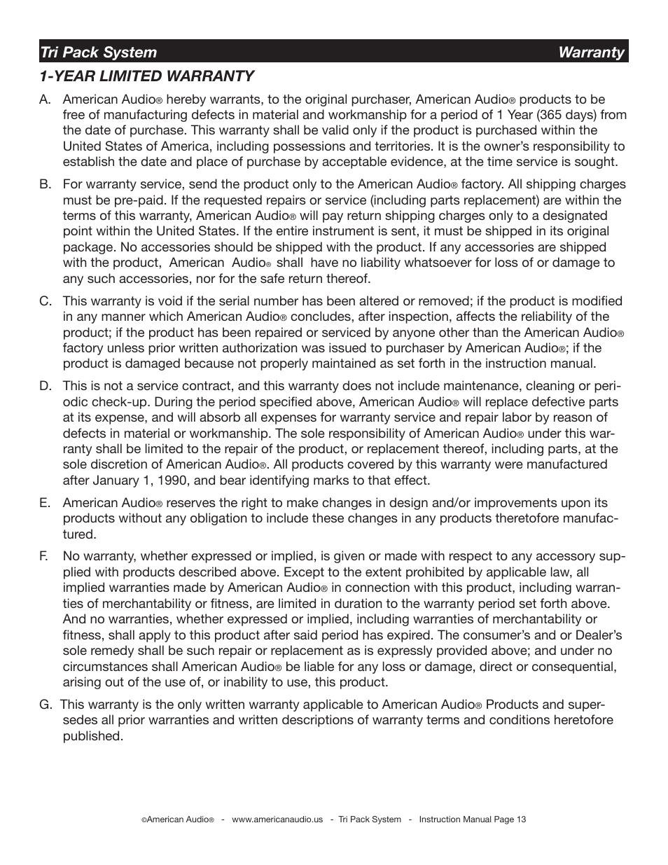 Year limited warranty, Tri pack system warranty | American Audio Tri Pack System User Manual | Page 13 / 15