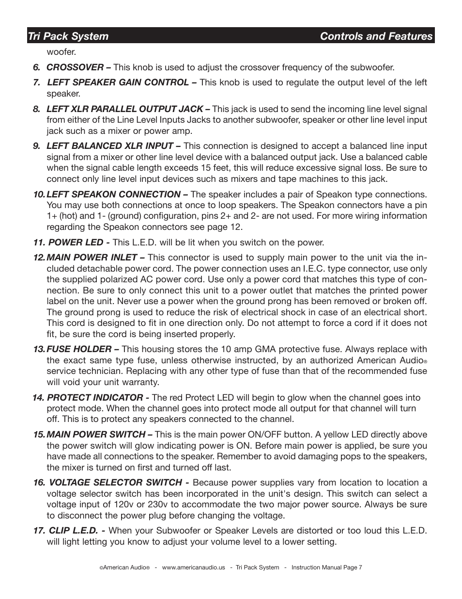 Tri pack system controls and features | American Audio Tri Pack System User Manual | Page 7 / 15