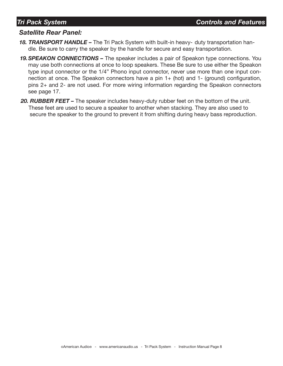 Satellite rear panel, Tri pack system controls and features | American Audio Tri Pack System User Manual | Page 8 / 15