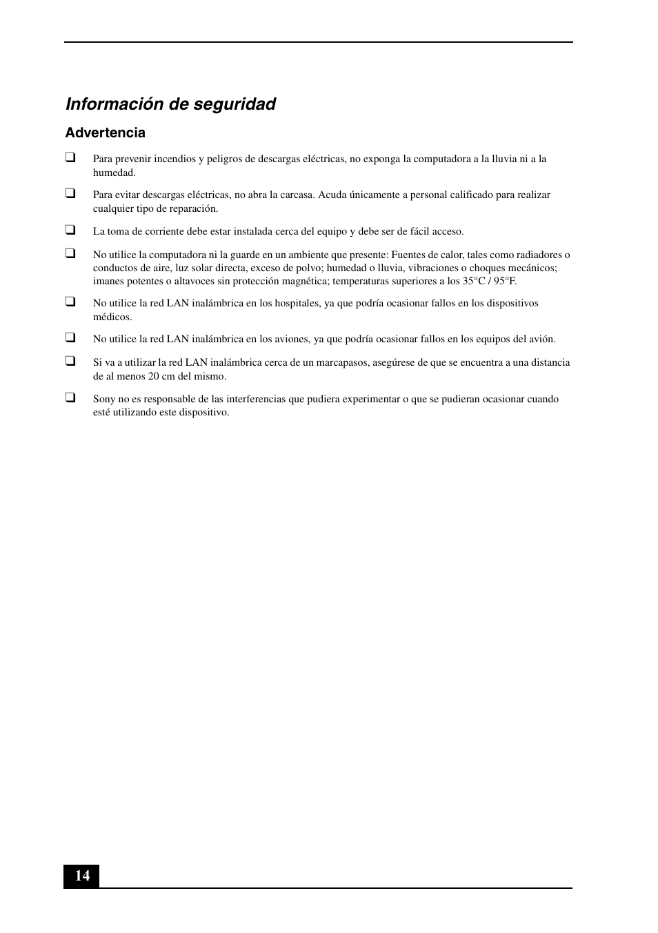 Información de seguridad | Sony VPCL113FX User Manual | Page 14 / 20