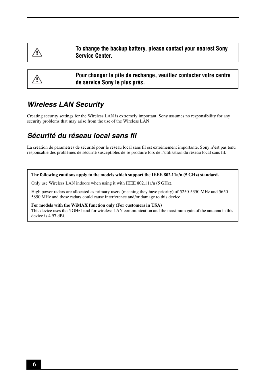 Wireless lan security, Sécurité du réseau local sans fil | Sony VPCF13HFX User Manual | Page 6 / 28