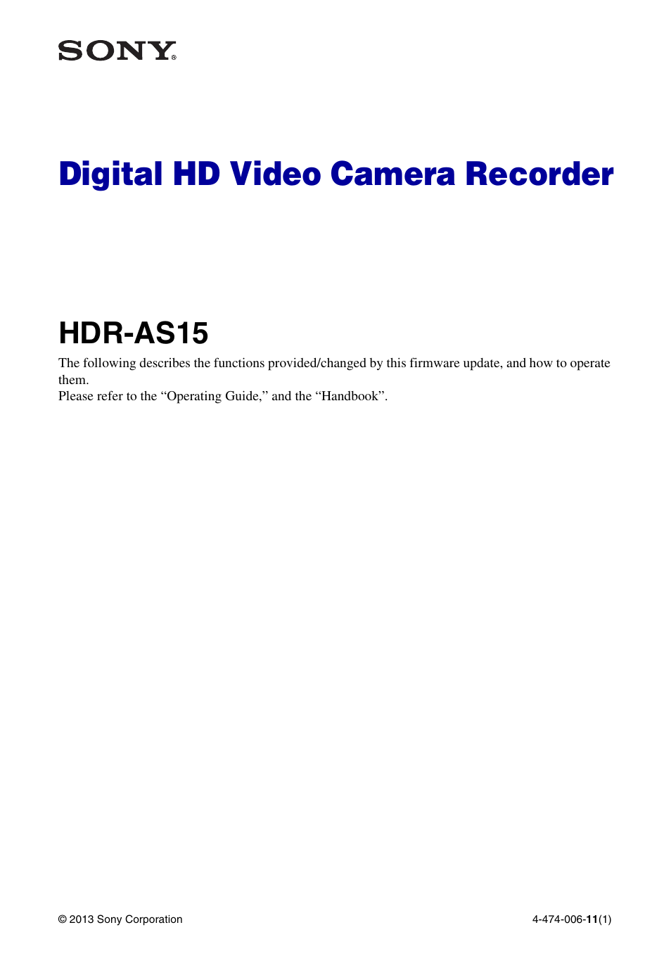 Sony HDR-AS15 User Manual | 2 pages