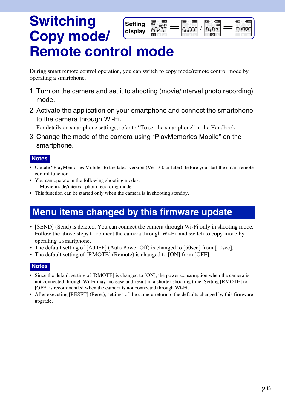Switching copy mode/remote control mode, Switching copy mode/ remote control mode, Menu items changed by this firmware update | Sony HDR-AS15 User Manual | Page 2 / 2