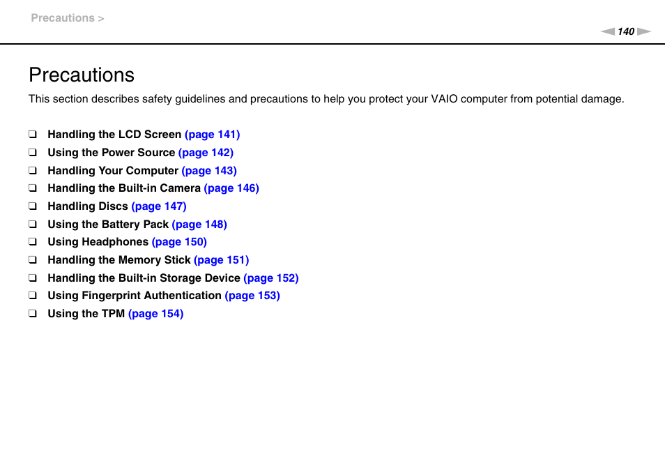 Precautions | Sony VGN-SR490DDB User Manual | Page 140 / 203