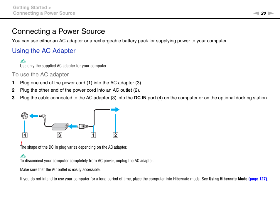 Connecting a power source, Using the ac adapter | Sony VGN-SR490DDB User Manual | Page 20 / 203